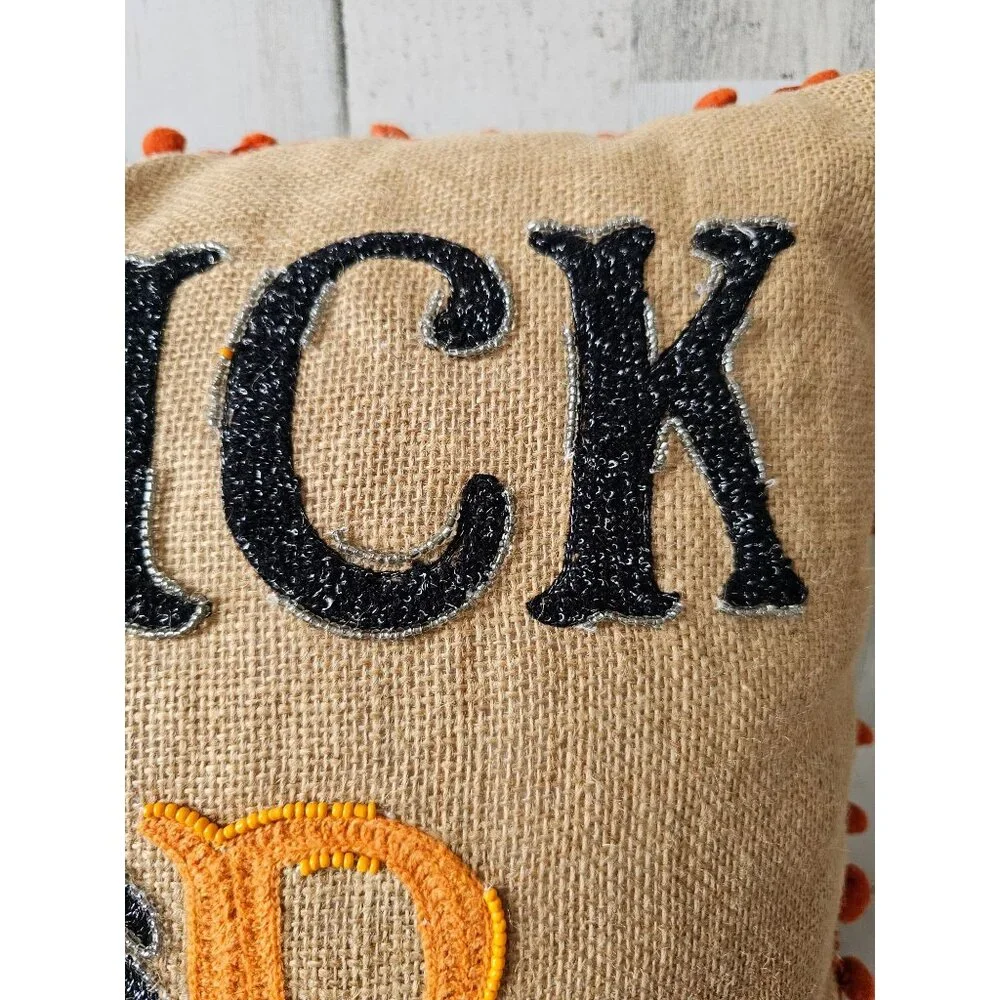 Trick or treat‎ Halloween beaded pillow burlap orange unique shabby chic spider